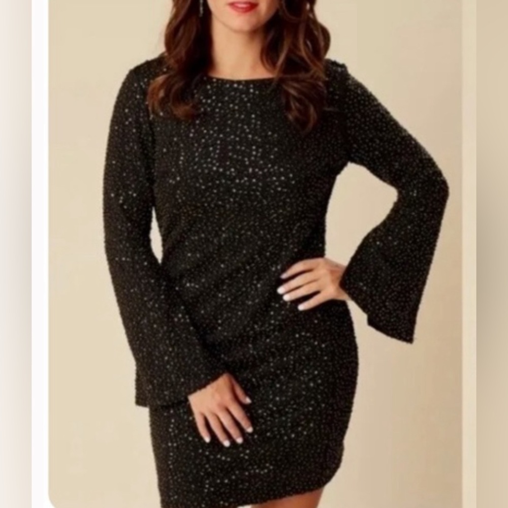 Altar’d State sequence black mini dress with bell sleeves